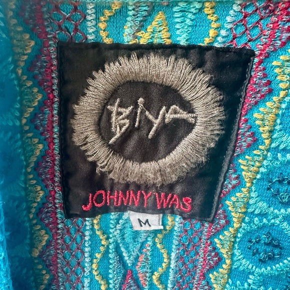 Johnny Was BIYA Embroidered Turquoise Open Front Cardigan Jacket Pockets Belt M - Picture 7 of 9